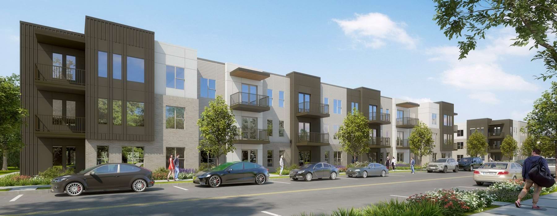 a building with cars parked in front