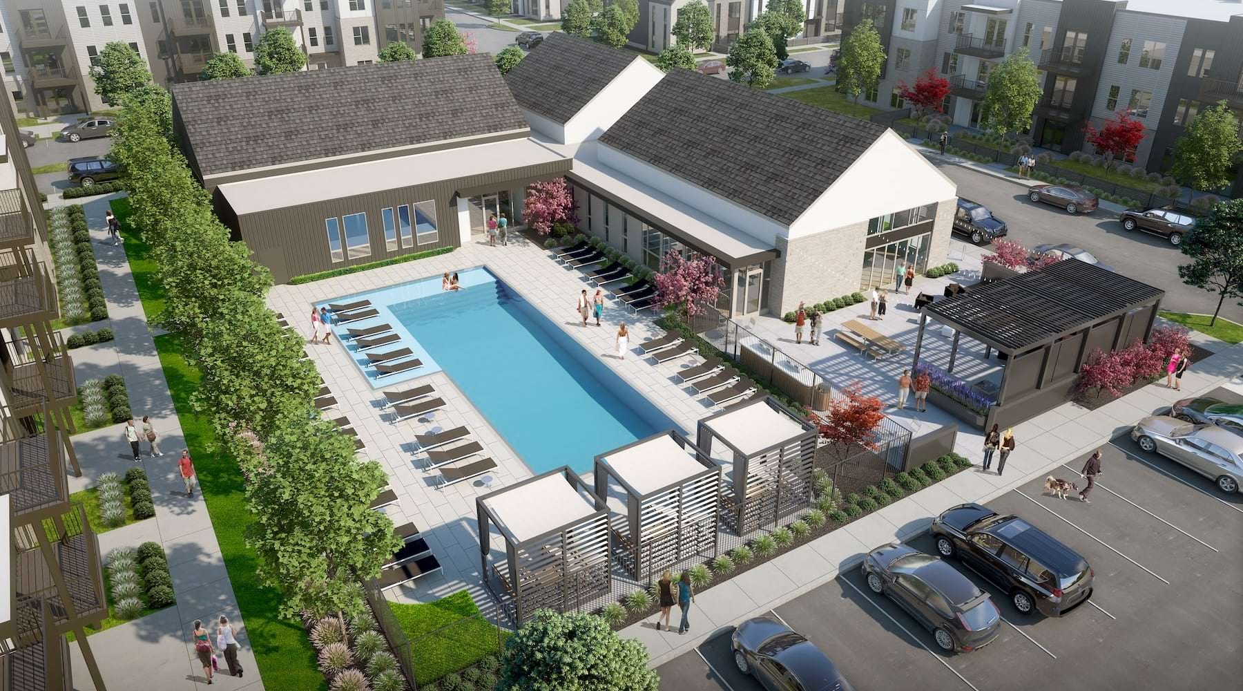 a courtyard with a pool