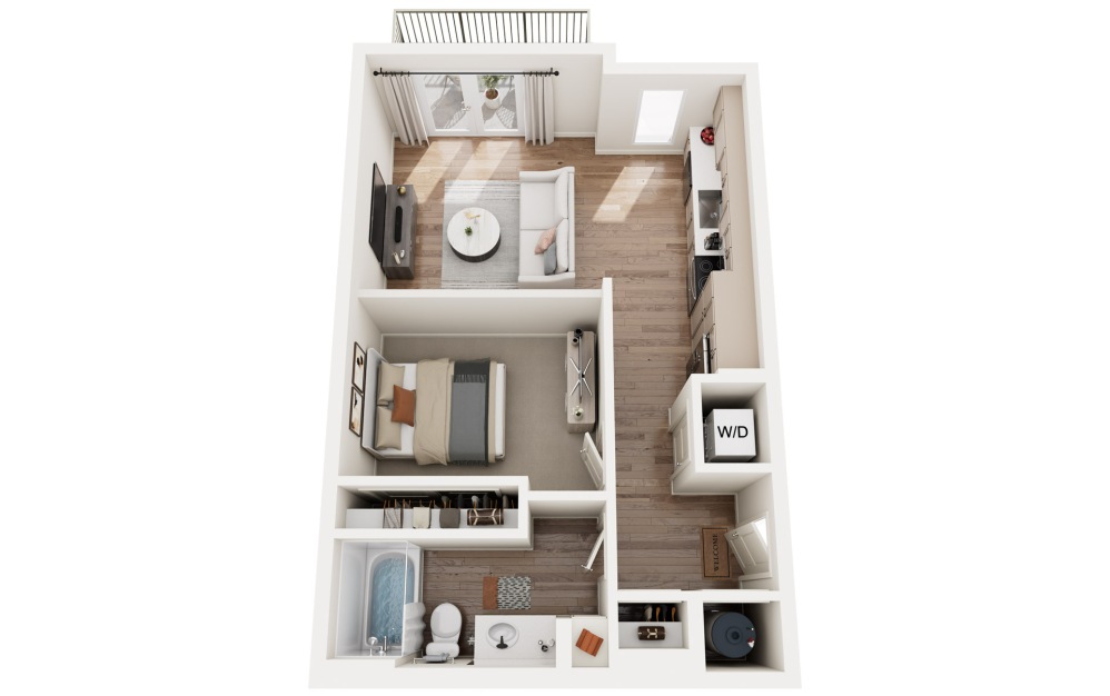 Pebble - Studio floorplan layout with 1 bathroom and 598 square feet