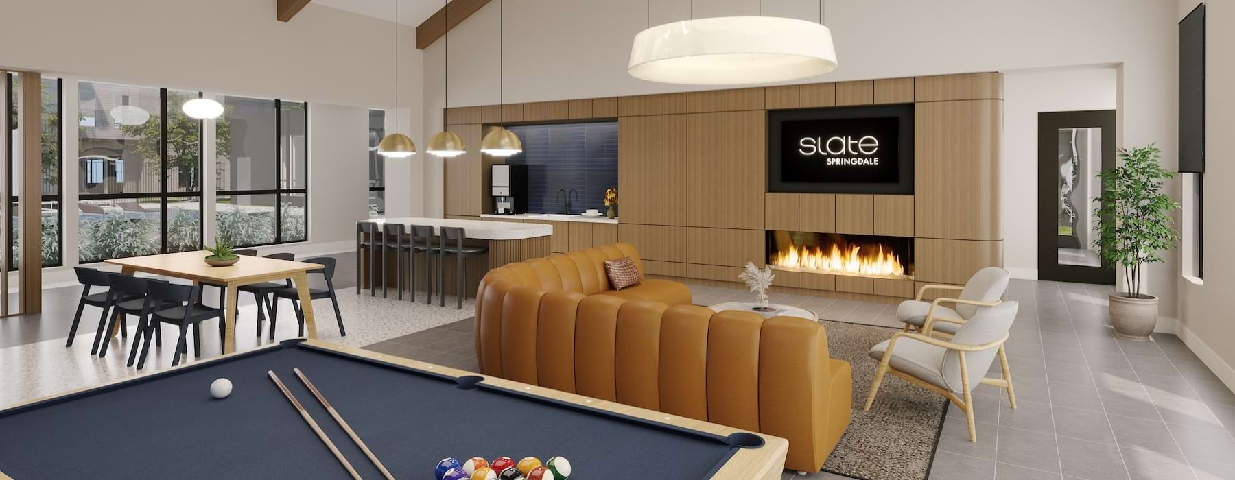 a room with a pool table and chairs and a fireplace
