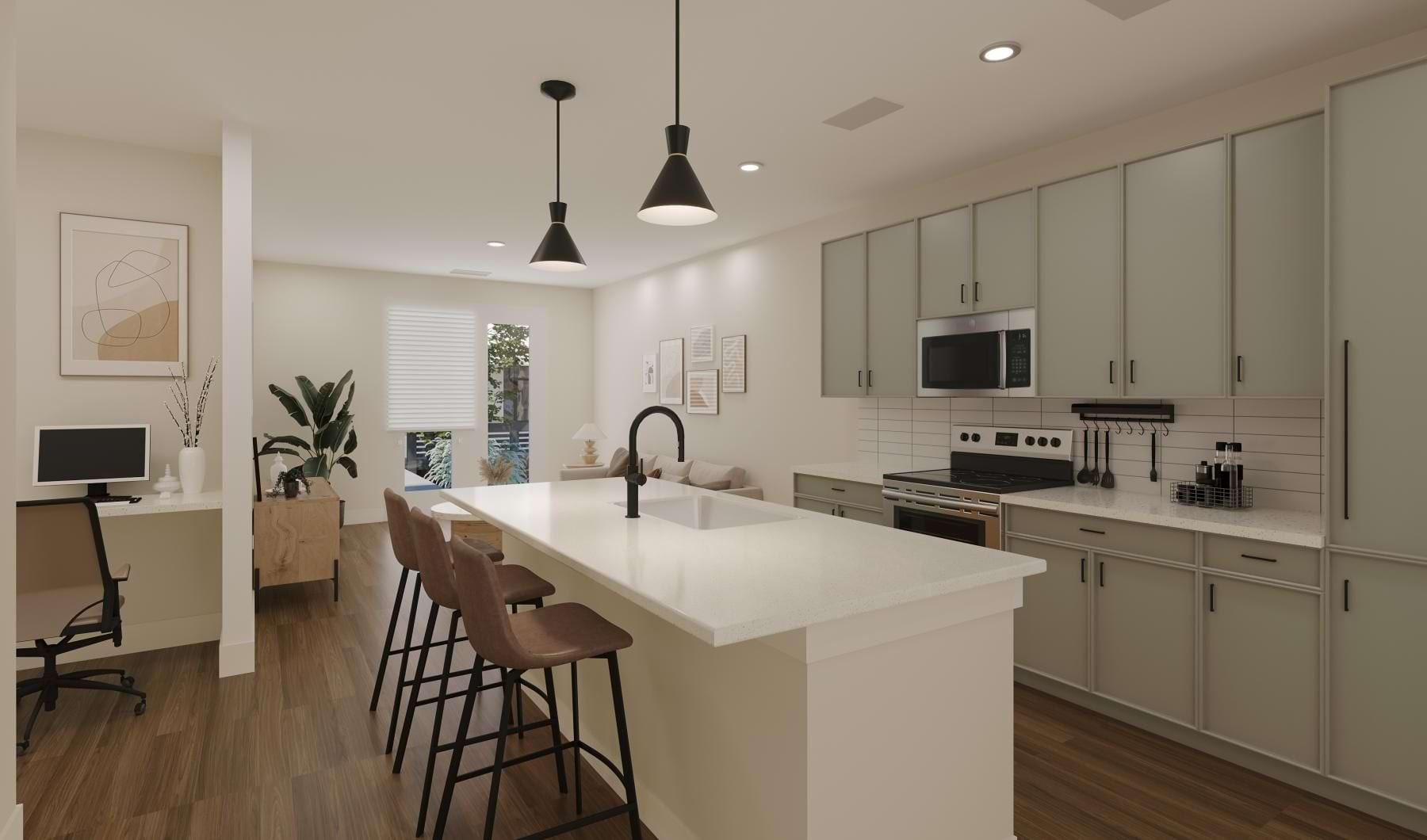 a kitchen with grey cabinets